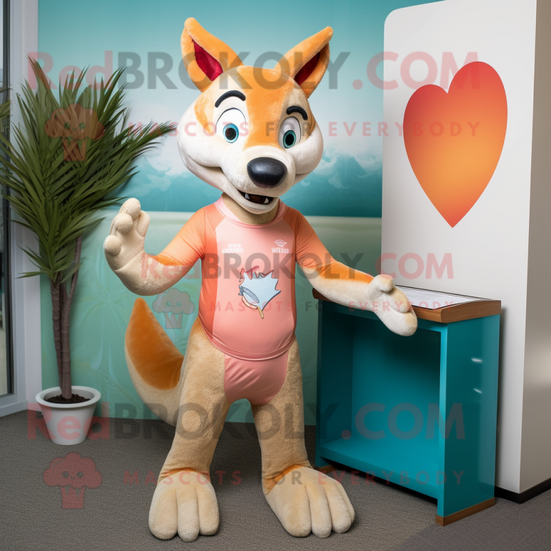 Peach Dingo mascot costume character dressed with a Rash Guard and Tie pins