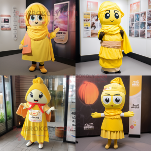 Yellow Miso Soup mascot costume character dressed with a A-Line Skirt and Scarves