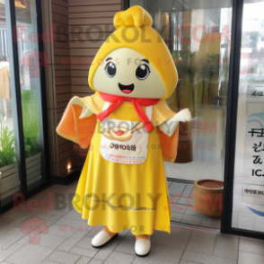 Yellow Miso Soup mascot costume character dressed with a A-Line Skirt and Scarves