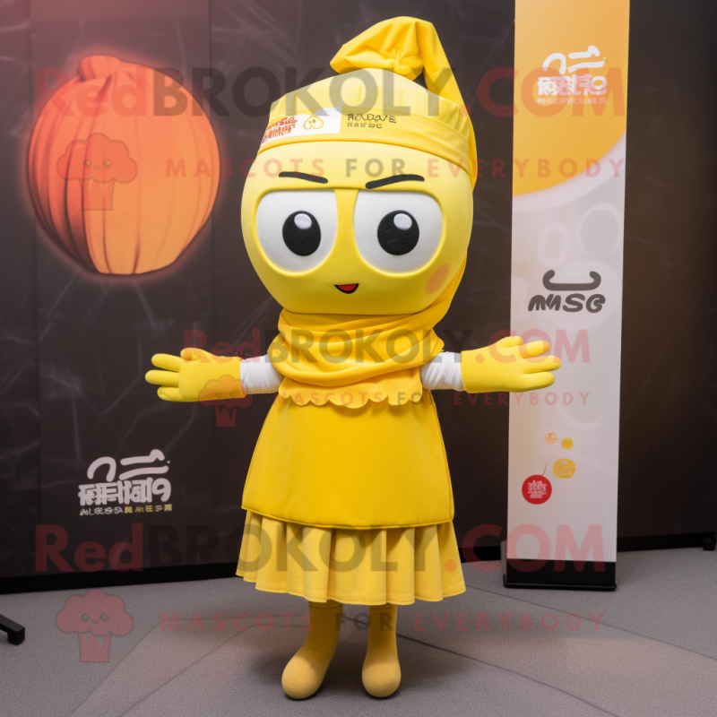 Yellow Miso Soup mascot costume character dressed with a A-Line Skirt and Scarves Yellow Miso Soup mascot costume character dressed with a A-Line Skirt and Scarves