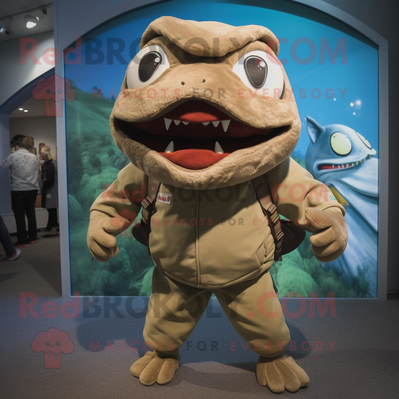 Tan Piranha mascot costume character dressed with a Hoodie and Caps Tan Piranha mascot costume character dressed with a Hoodie and Caps