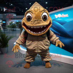 Tan Piranha mascot costume character dressed with a Hoodie and Caps