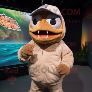 Tan Piranha mascot costume character dressed with a Hoodie and Caps