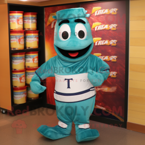 Teal Lasagna mascot costume character dressed with a T-Shirt and Belts