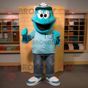 Teal Lasagna mascot costume character dressed with a T-Shirt and Belts