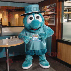 Teal Lasagna mascot costume character dressed with a T-Shirt and Belts