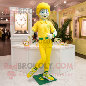 Lemon Yellow Irish Dancing Shoes mascot costume character dressed with a Polo Tee and Bracelet watches
