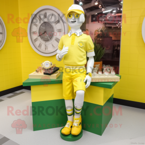Lemon Yellow Irish Dancing Shoes mascot costume character dressed with a Polo Tee and Bracelet watches