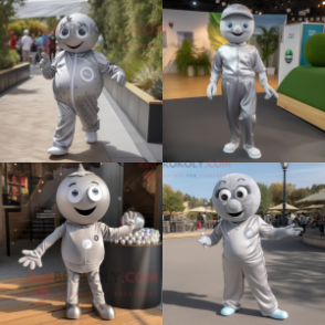 Silver Petanque Ball mascot costume character dressed with a Joggers and Lapel pins