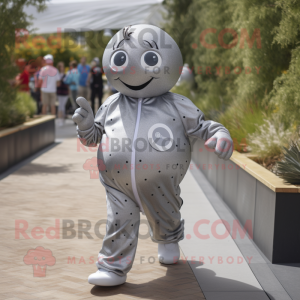 Silver Petanque Ball mascot costume character dressed with a Joggers and Lapel pins