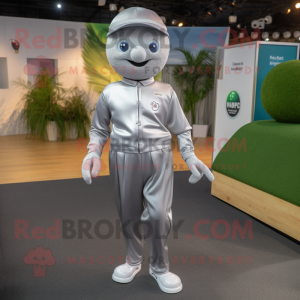 Silver Petanque Ball mascot costume character dressed with a Joggers and Lapel pins