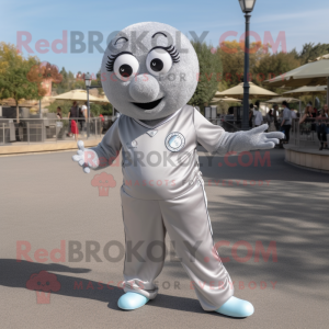 Silver Petanque Ball mascot costume character dressed with a Joggers and Lapel pins