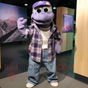 Lavender Python mascot costume character dressed with a Flannel Shirt and Headbands