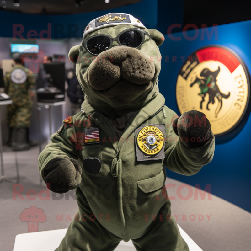 Olive Navy Seal mascot costume character dressed with a Rash Guard and Lapel pins