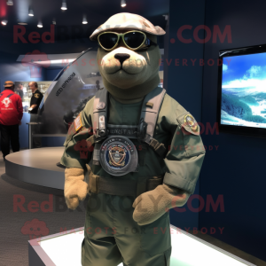 Olive Navy Seal mascot costume character dressed with a Rash Guard and Lapel pins