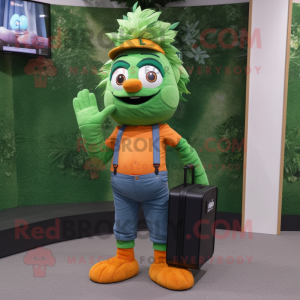 Forest Green Orange mascot costume character dressed with a Skinny Jeans and Wallets
