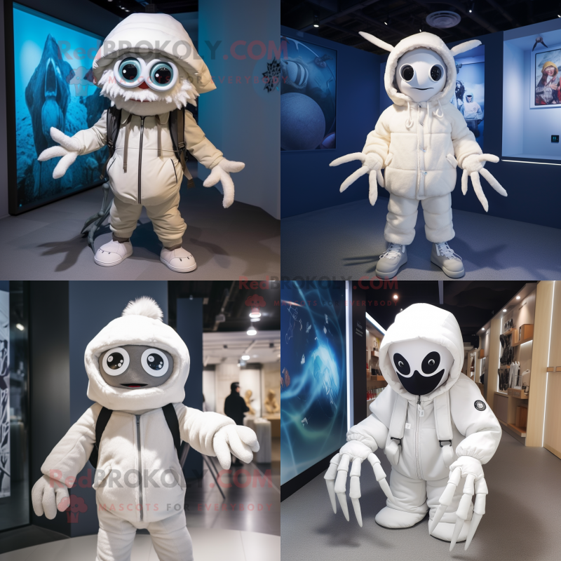White Spider mascot costume character dressed with a Parka and Caps White Spider mascot costume character dressed with a Parka and Caps