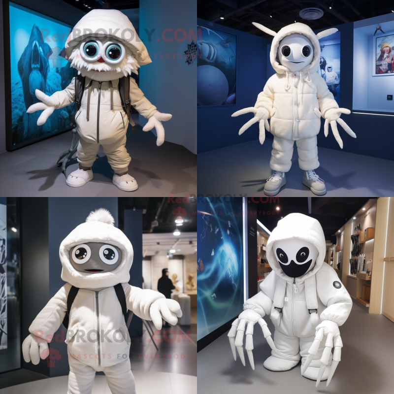 White Spider mascot costume character dressed with a Parka and Caps