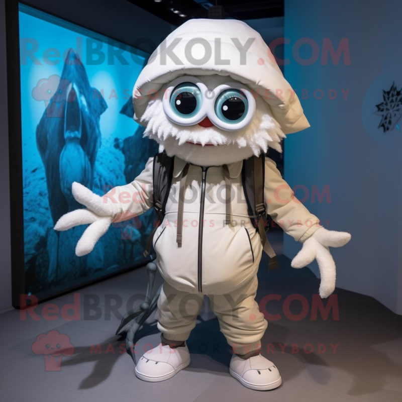 White Spider mascot costume character dressed with a Parka and Caps White Spider mascot costume character dressed with a Parka and Caps