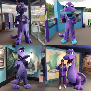 Purple Loch Ness Monster mascot costume character dressed with a Jumpsuit and Shoe clips