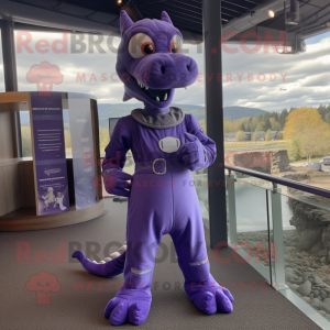 Purple Loch Ness Monster mascot costume character dressed with a Jumpsuit and Shoe clips