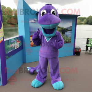 Purple Loch Ness Monster mascot costume character dressed with a Jumpsuit and Shoe clips