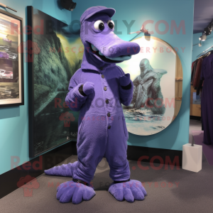 Purple Loch Ness Monster mascot costume character dressed with a Jumpsuit and Shoe clips