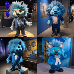 Blue Porcupine mascot costume character dressed with a Graphic Tee and Bow ties