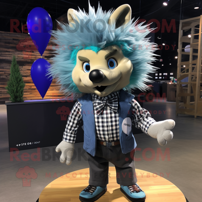 Blue Porcupine mascot costume character dressed with a Graphic Tee and Bow ties