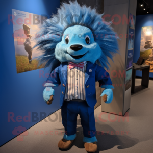 Blue Porcupine mascot costume character dressed with a Graphic Tee and Bow ties