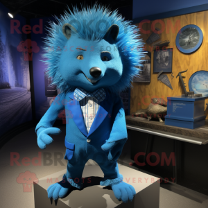 Blue Porcupine mascot costume character dressed with a Graphic Tee and Bow ties