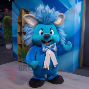 Blue Porcupine mascot costume character dressed with a Graphic Tee and Bow ties