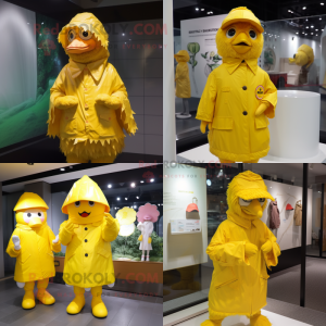 Yellow Fried Chicken mascot costume character dressed with a Raincoat and Caps
