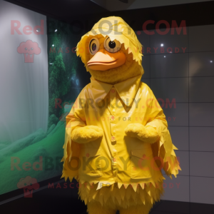 Yellow Fried Chicken mascot costume character dressed with a Raincoat and Caps