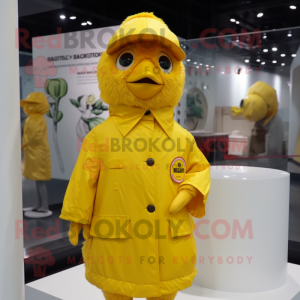 Yellow Fried Chicken mascot costume character dressed with a Raincoat and Caps