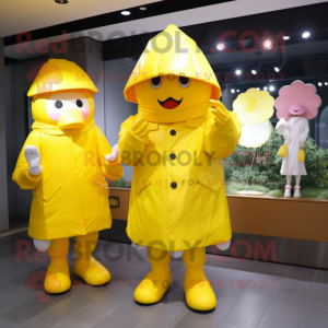 Yellow Fried Chicken mascot costume character dressed with a Raincoat and Caps
