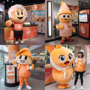 Peach Ramen mascot costume character dressed with a T-Shirt and Watches