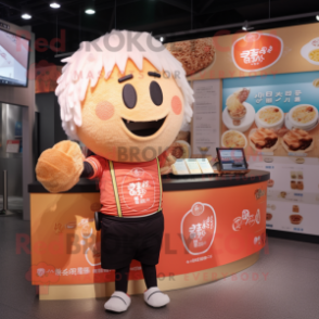 Peach Ramen mascot costume character dressed with a T-Shirt and Watches