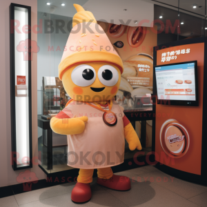 Peach Ramen mascot costume character dressed with a T-Shirt and Watches