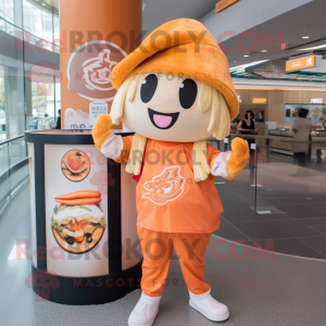 Peach Ramen mascot costume character dressed with a T-Shirt and Watches