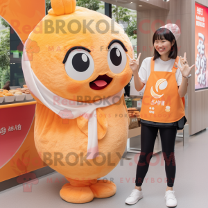 Peach Ramen mascot costume character dressed with a T-Shirt and Watches