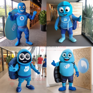 Blue Superhero mascot costume character dressed with a Board Shorts and Backpacks