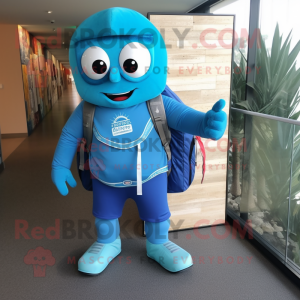 Blue Superhero mascot costume character dressed with a Board Shorts and Backpacks
