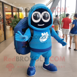 Blue Superhero mascot costume character dressed with a Board Shorts and Backpacks