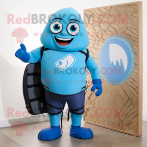 Blue Superhero mascot costume character dressed with a Board Shorts and Backpacks