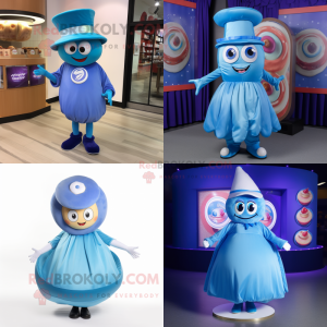 Blue Donut mascot costume character dressed with a Wrap Skirt and Hat pins