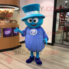 Blue Donut mascot costume character dressed with a Wrap Skirt and Hat pins