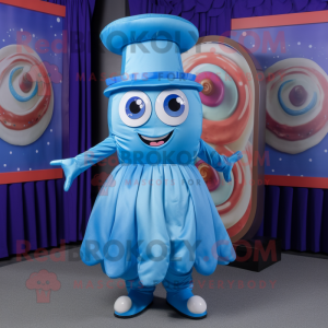 Blue Donut mascot costume character dressed with a Wrap Skirt and Hat pins