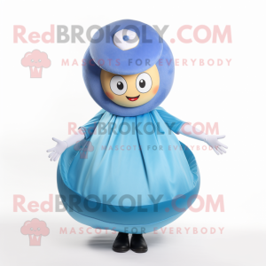 Blue Donut mascot costume character dressed with a Wrap Skirt and Hat pins