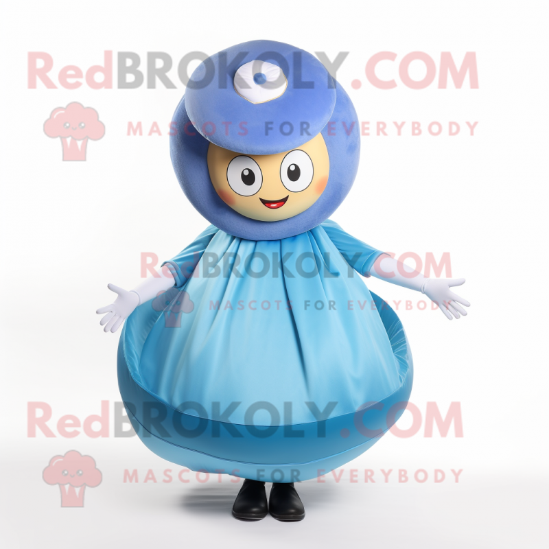Blue Donut mascot costume character dressed with a Wrap Skirt and Hat pins Blue Donut mascot costume character dressed with a Wrap Skirt and Hat pins